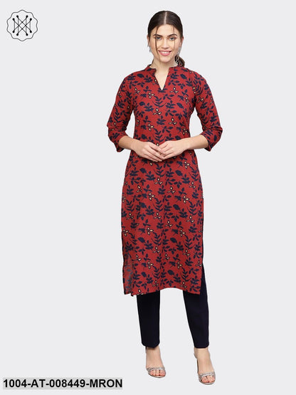 Maroon Printed 3/4Th Sleeve Cotton Kurta