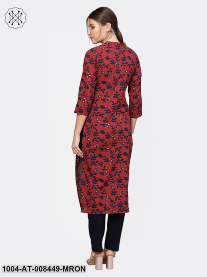 Maroon Printed 3/4Th Sleeve Cotton Kurta