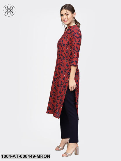 Maroon Printed 3/4Th Sleeve Cotton Kurta