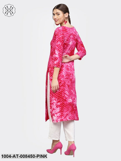 Pink Printed 3/4Th Sleeve Cotton Kurta