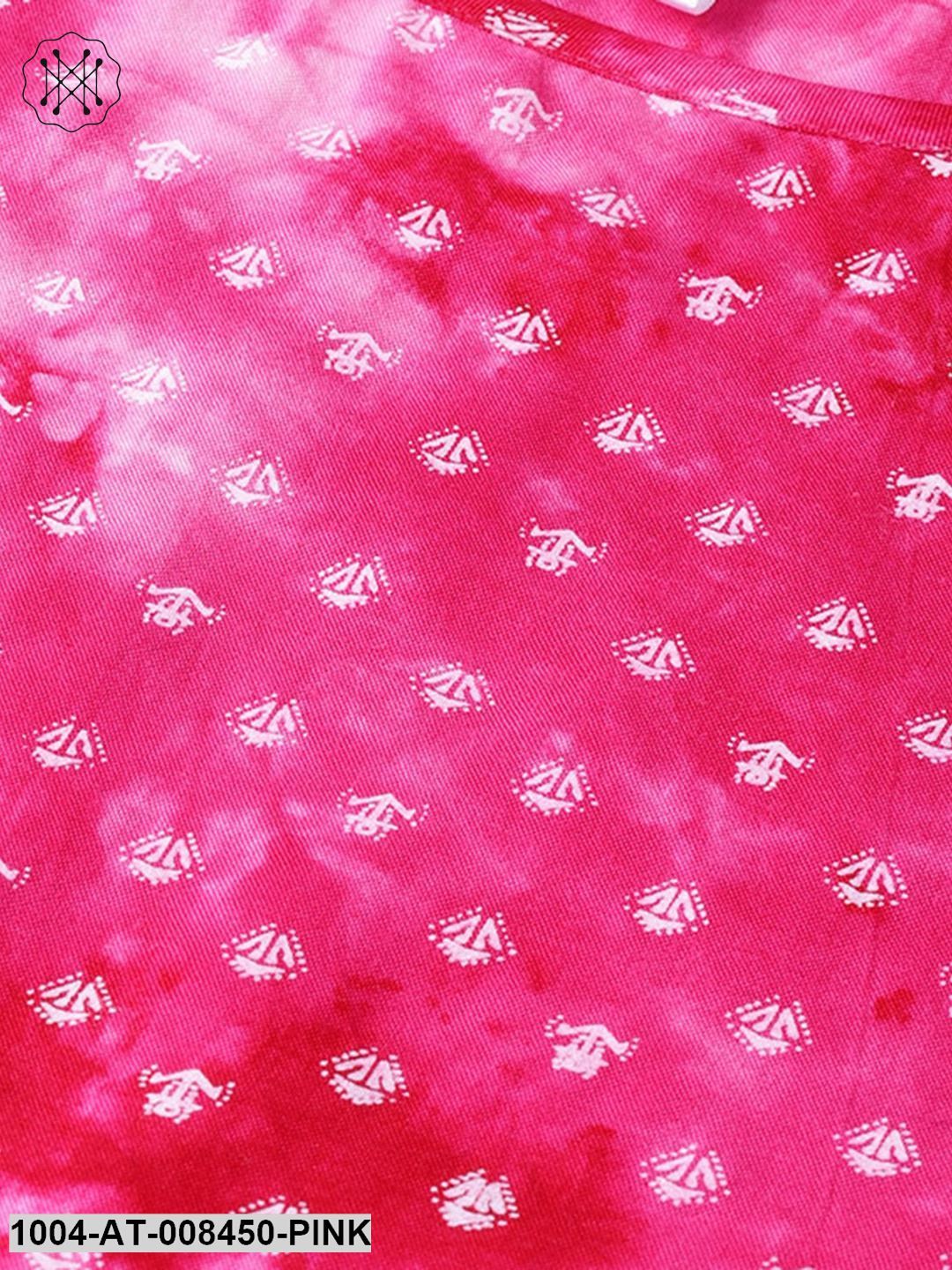 Pink Printed 3/4Th Sleeve Cotton Kurta