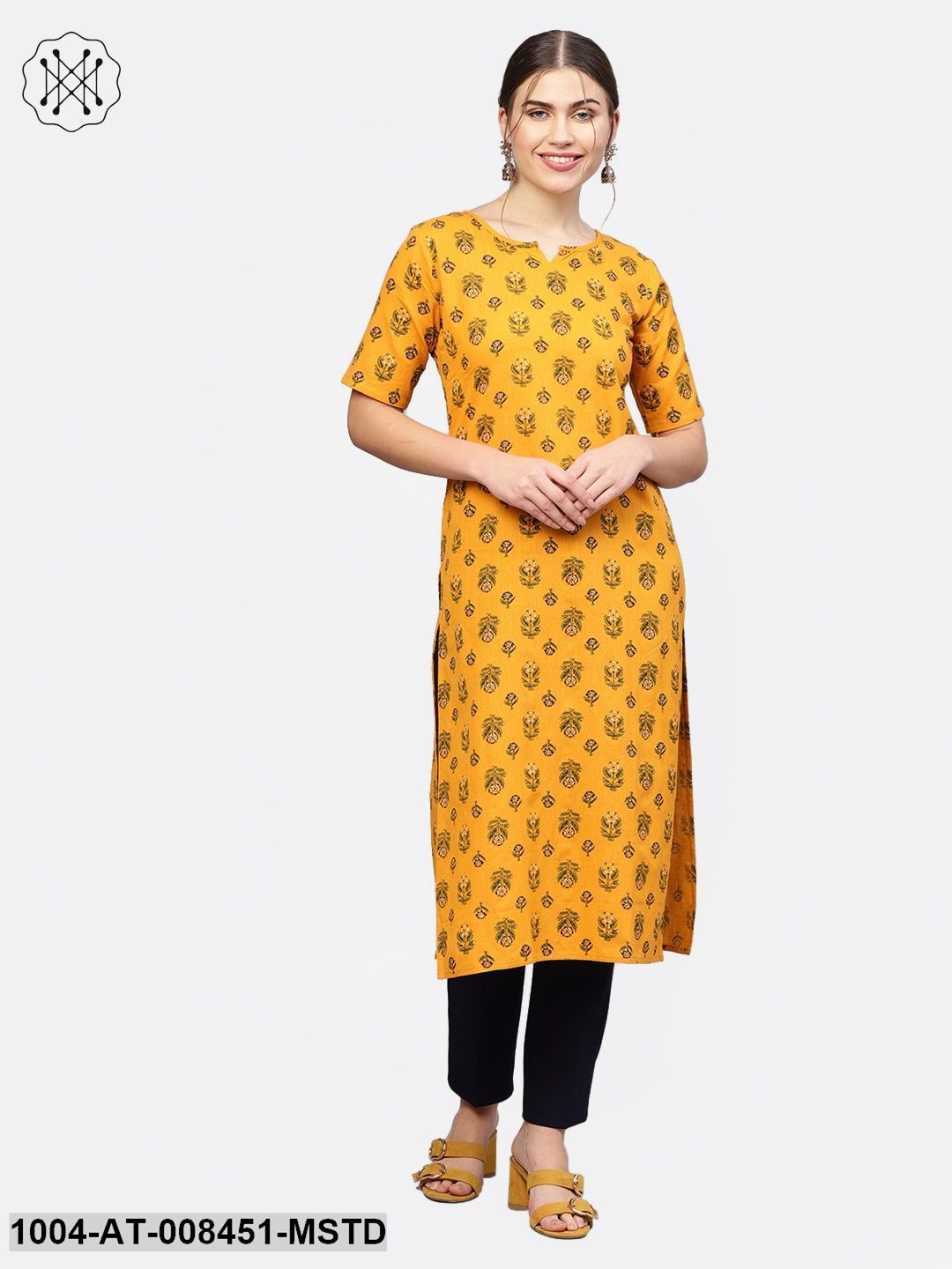 Yellow Printed Cotton Half Sleeve Straight Kurta
