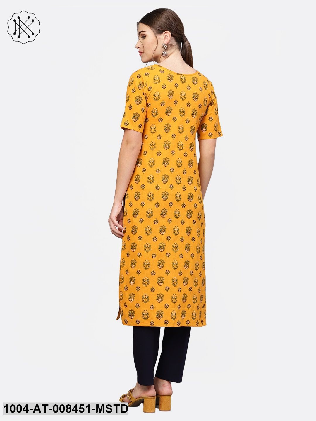 Yellow Printed Cotton Half Sleeve Straight Kurta