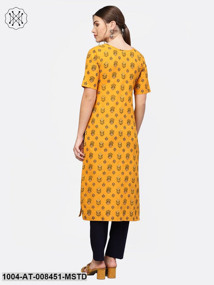 Yellow Printed Cotton Half Sleeve Straight Kurta