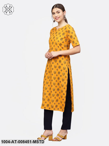 Yellow Printed Cotton Half Sleeve Straight Kurta