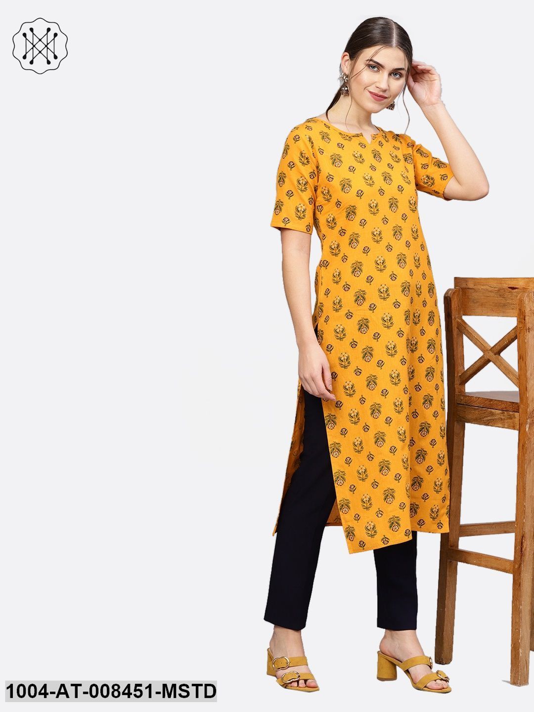 Yellow Printed Cotton Half Sleeve Straight Kurta
