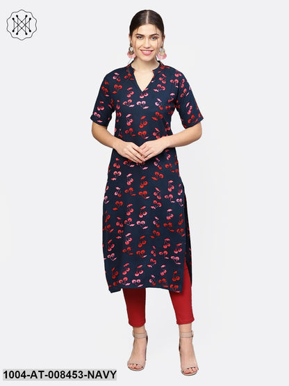 Navy Blue Printed Cotton Half Sleeve Kurta