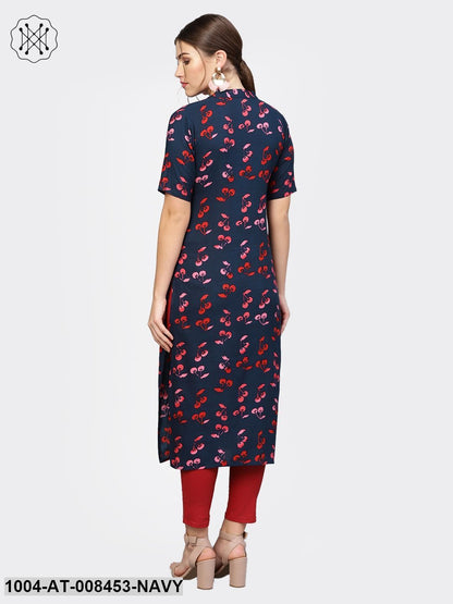 Navy Blue Printed Cotton Half Sleeve Kurta