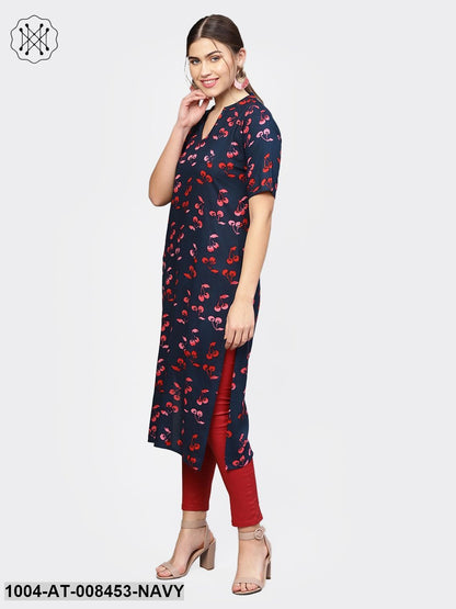 Navy Blue Printed Cotton Half Sleeve Kurta