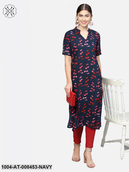 Navy Blue Printed Cotton Half Sleeve Kurta