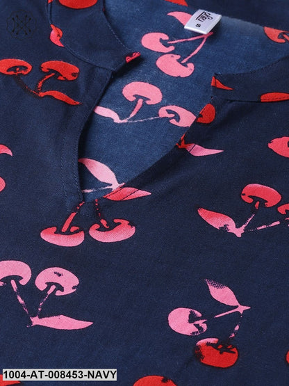 Navy Blue Printed Cotton Half Sleeve Kurta