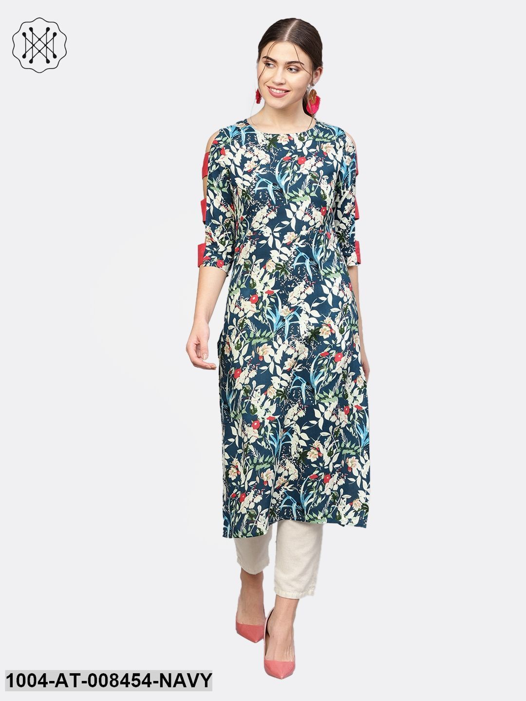 Navy Blue Multi Printed Cold Shoulder Cotton A-Line Kurta