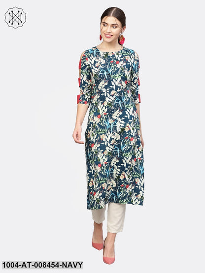 Navy Blue Multi Printed Cold Shoulder Cotton A-Line Kurta