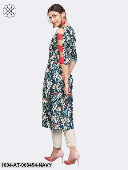 Navy Blue Multi Printed Cold Shoulder Cotton A-Line Kurta