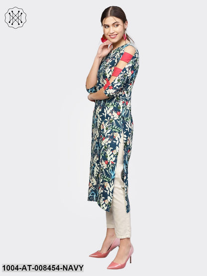 Navy Blue Multi Printed Cold Shoulder Cotton A-Line Kurta