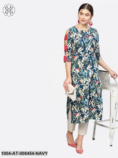 Navy Blue Multi Printed Cold Shoulder Cotton A-Line Kurta