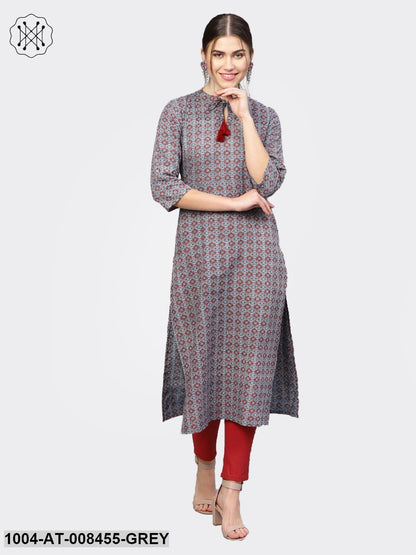 Grey Printed Full Sleeve Cotton Straight Kurta