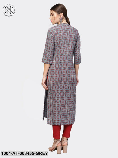 Grey Printed Full Sleeve Cotton Straight Kurta