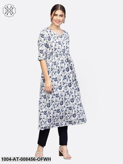 White & Blue Printed Half Sleeve Anarkali Kurta