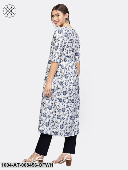White & Blue Printed Half Sleeve Anarkali Kurta