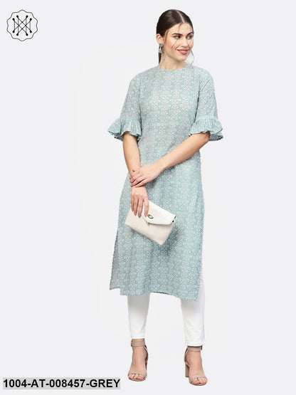 Pista Green Printed Half Sleeve Cotton Straight Kurta With Flared Sleeve