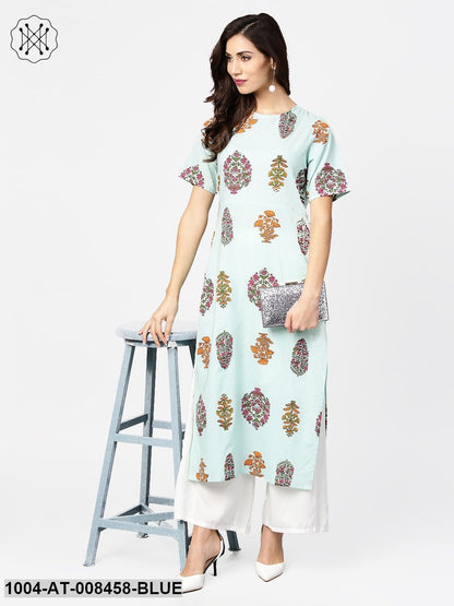 Light Blue Printed Short Sleeve Cotton Straight Kurta