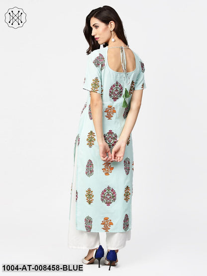 Light Blue Printed Short Sleeve Cotton Straight Kurta