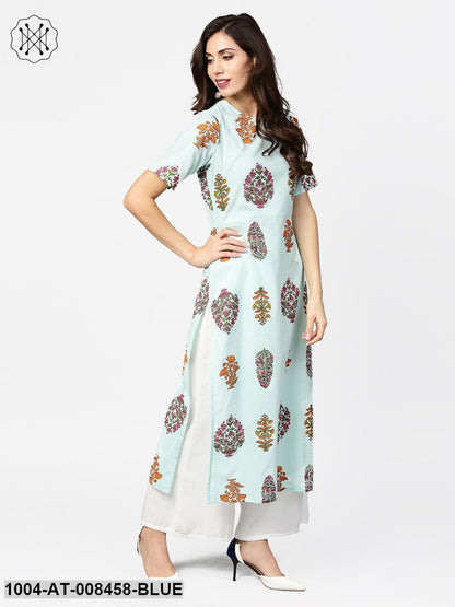 Light Blue Printed Short Sleeve Cotton Straight Kurta