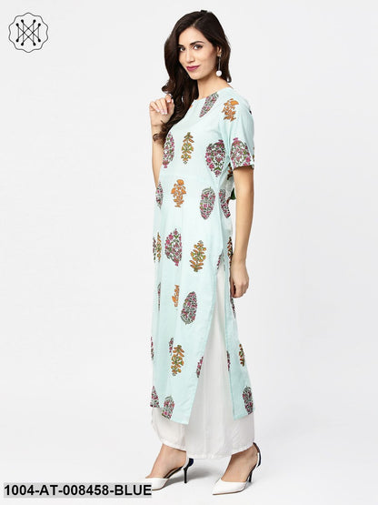 Light Blue Printed Short Sleeve Cotton Straight Kurta