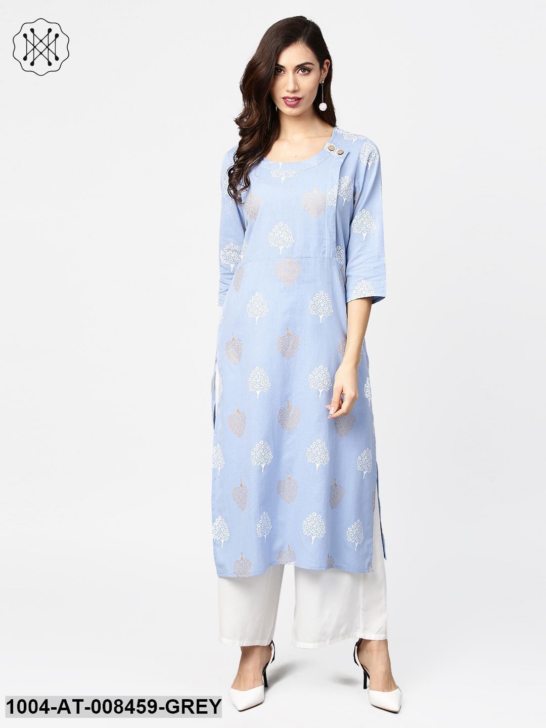 Grey Printed3/4Th Sleeve Cotton Straight Kurta