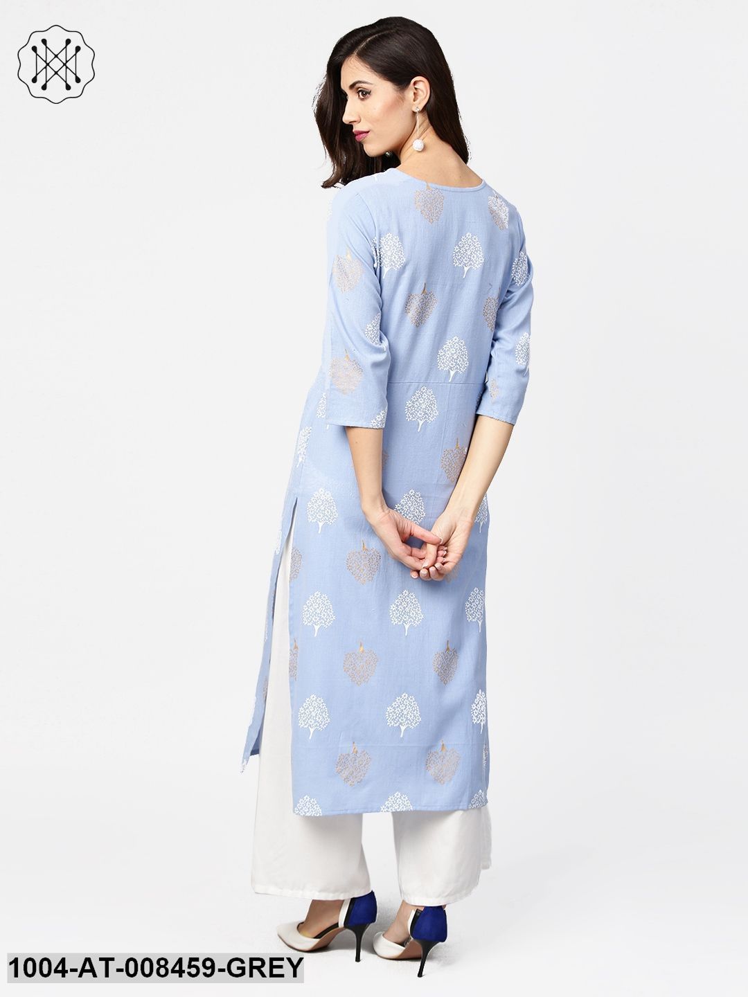 Grey Printed3/4Th Sleeve Cotton Straight Kurta