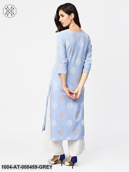 Grey Printed3/4Th Sleeve Cotton Straight Kurta