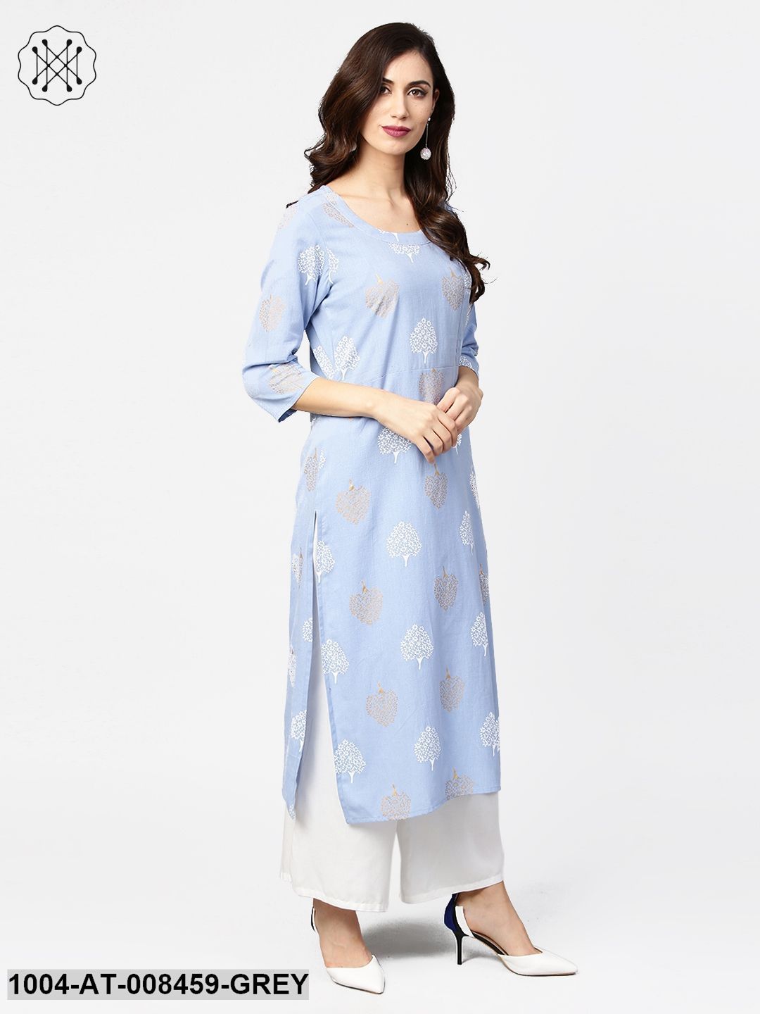 Grey Printed3/4Th Sleeve Cotton Straight Kurta