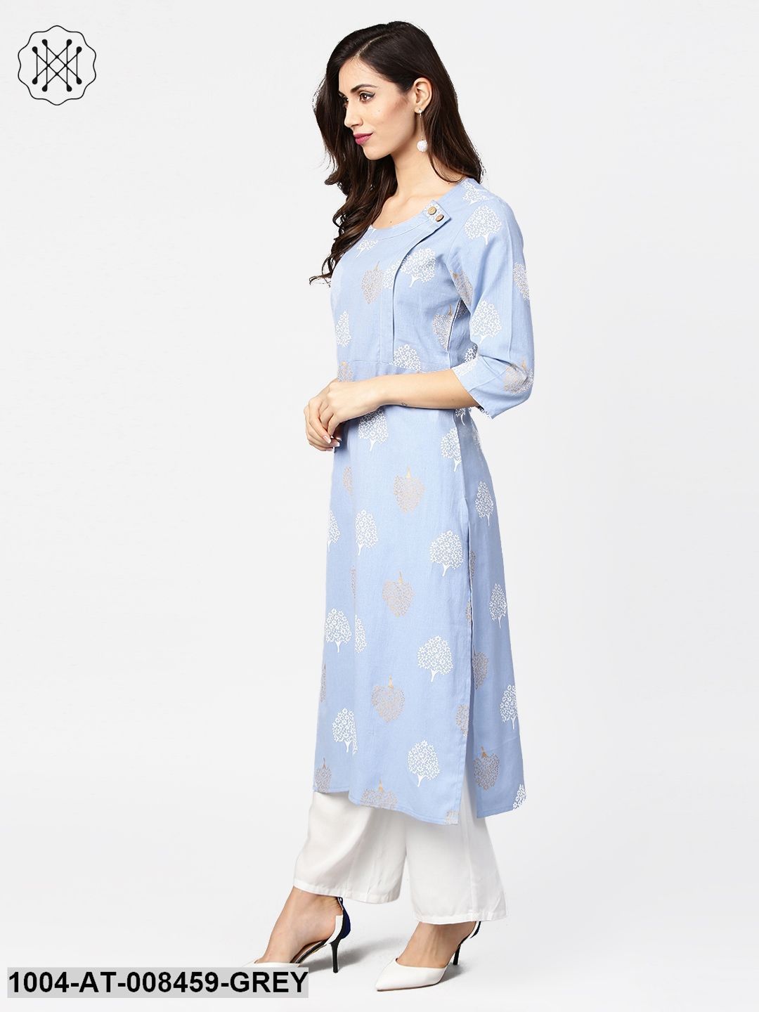 Grey Printed3/4Th Sleeve Cotton Straight Kurta
