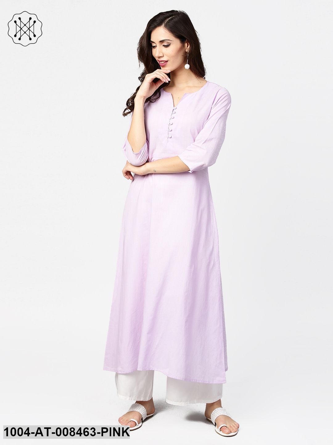 Baby Pink 3/4Th Sleeve Cotton Straight Kurta