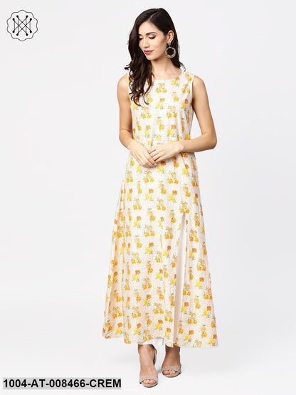 Cream Printed A-Line Kurta With Round Neck