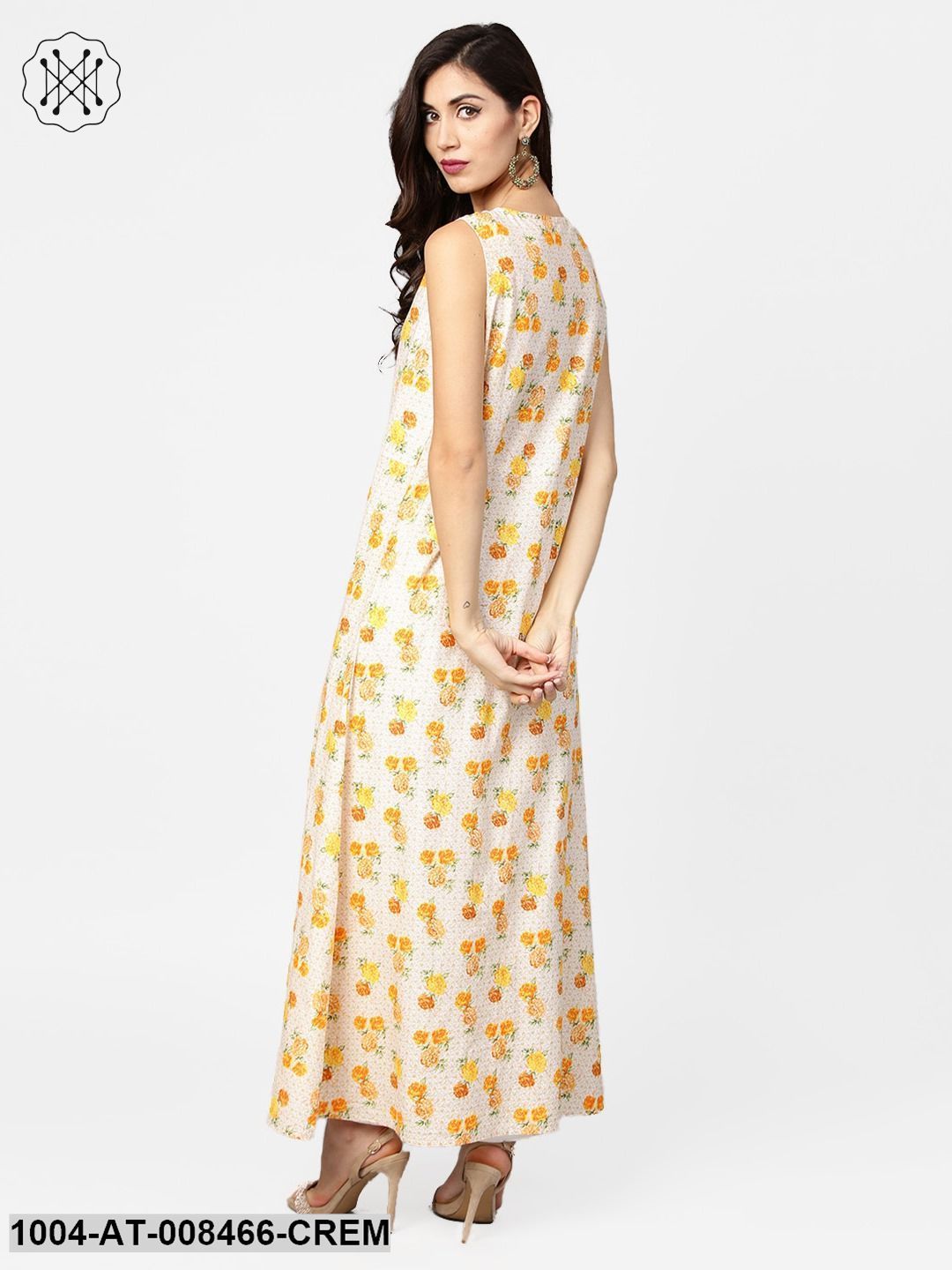 Cream Printed A-Line Kurta With Round Neck