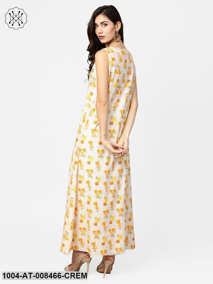 Cream Printed A-Line Kurta With Round Neck