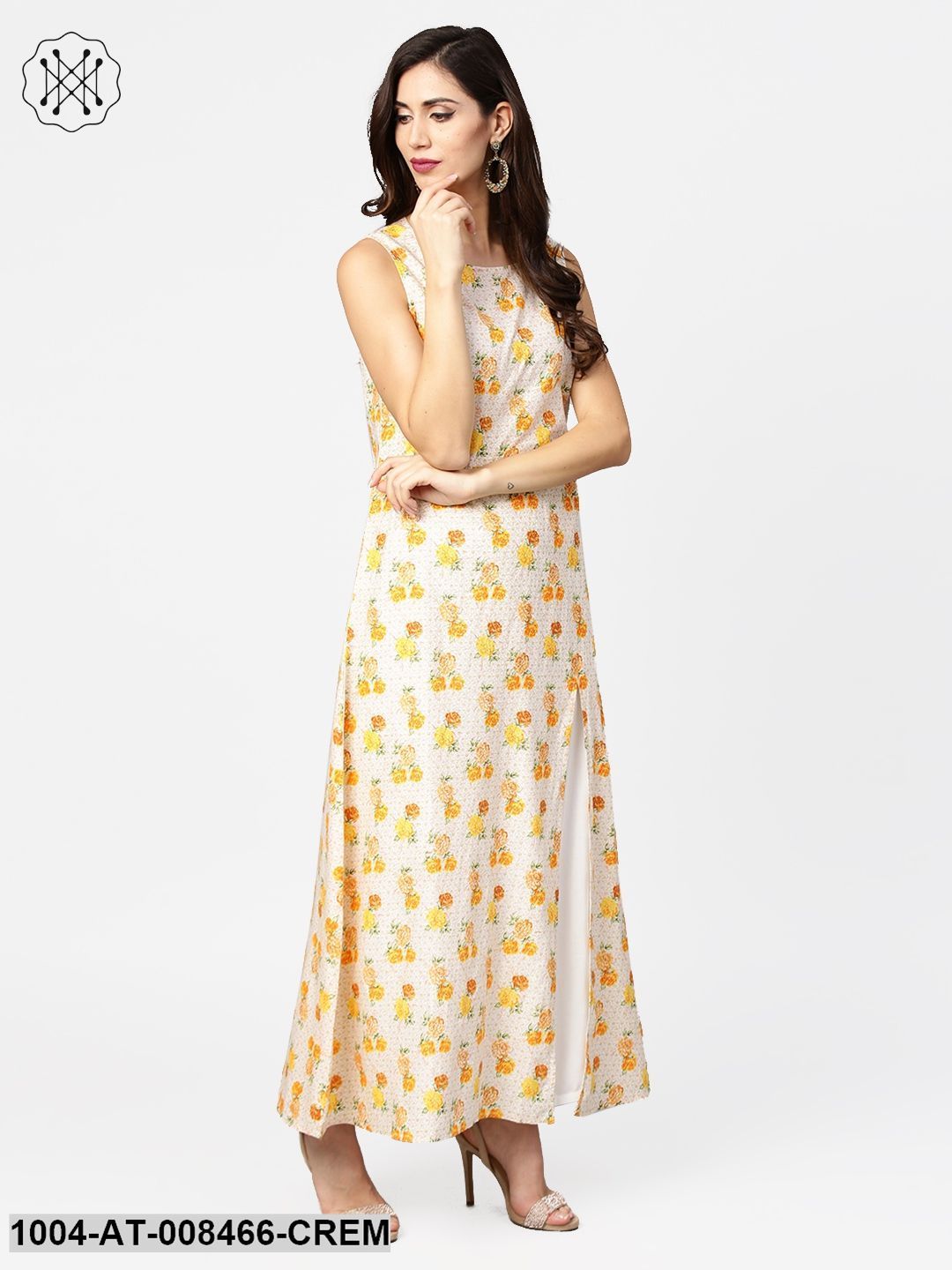 Cream Printed A-Line Kurta With Round Neck