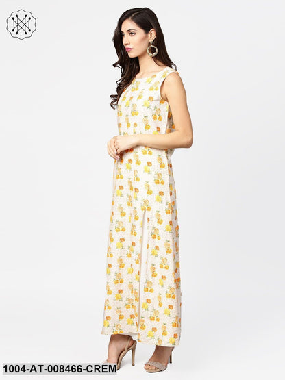 Cream Printed A-Line Kurta With Round Neck