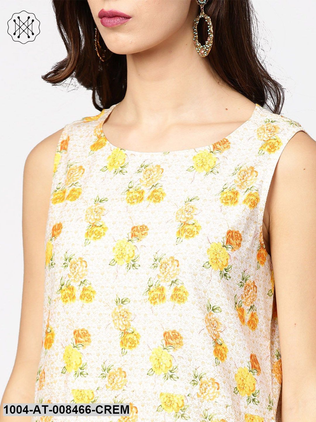 Cream Printed A-Line Kurta With Round Neck