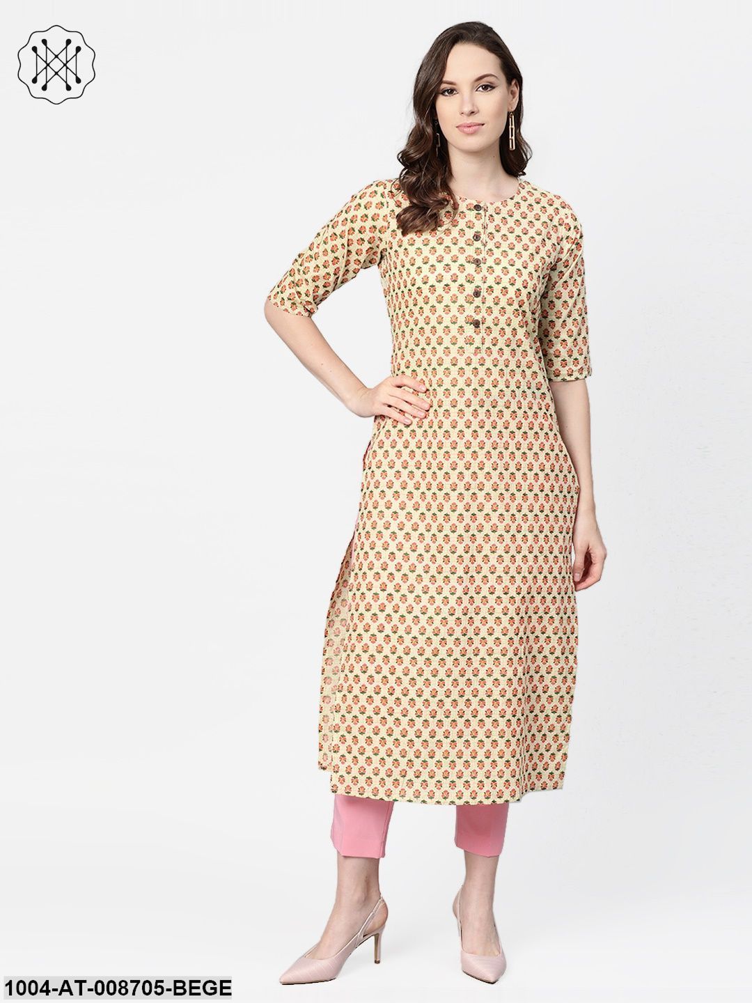 Beige with multi floral printed kurta with buttons detailing