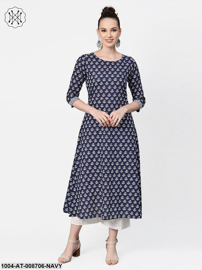 Navy Blue & White Floral Printed A-line cotton Kurta