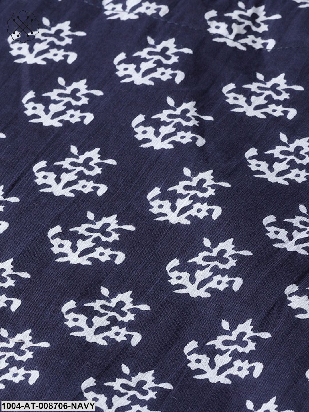 Navy Blue & White Floral Printed A-line cotton Kurta