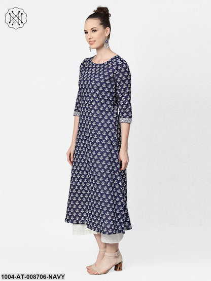 Navy Blue & White Floral Printed A-line cotton Kurta