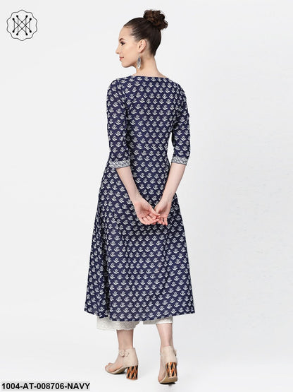 Navy Blue & White Floral Printed A-line cotton Kurta
