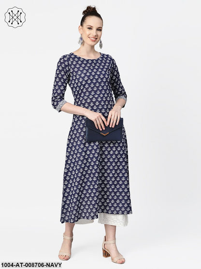 Navy Blue & White Floral Printed A-line cotton Kurta