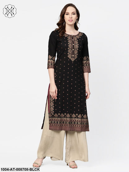 Black & gold Geometric Printed Kurta with Round neck & 3/4 sleeves