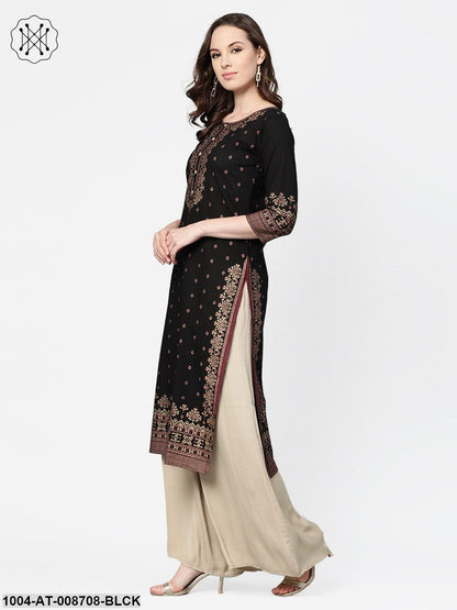 Black & gold Geometric Printed Kurta with Round neck & 3/4 sleeves