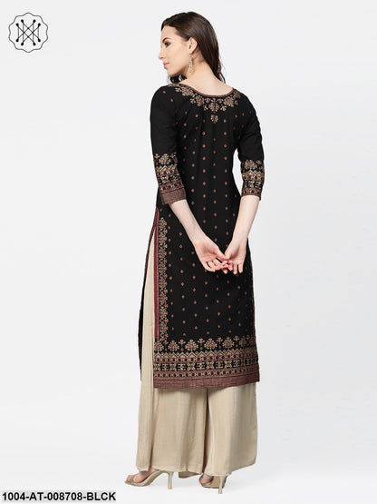 Black & gold Geometric Printed Kurta with Round neck & 3/4 sleeves